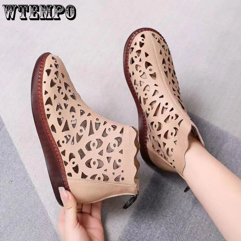 WTEMPO Summer Hollow Hole Sandals Women's Flat Roman Sandals Round Head Soft Bottom Large Short Boots Wholesale Dropshipping