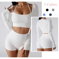long sleeved women yoga clothes with chest pads quick drying anti shrink fitness shirts 2022 summer new indoor tight sports tops