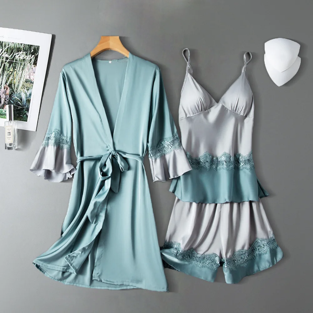 

3PCS Women Robe Pajamas Sets Summer Rayon Suit Lace Trim Sexy V-Neck Nightgown Shorts Kimono Lingerie Sleepwear Lounge Home Bath