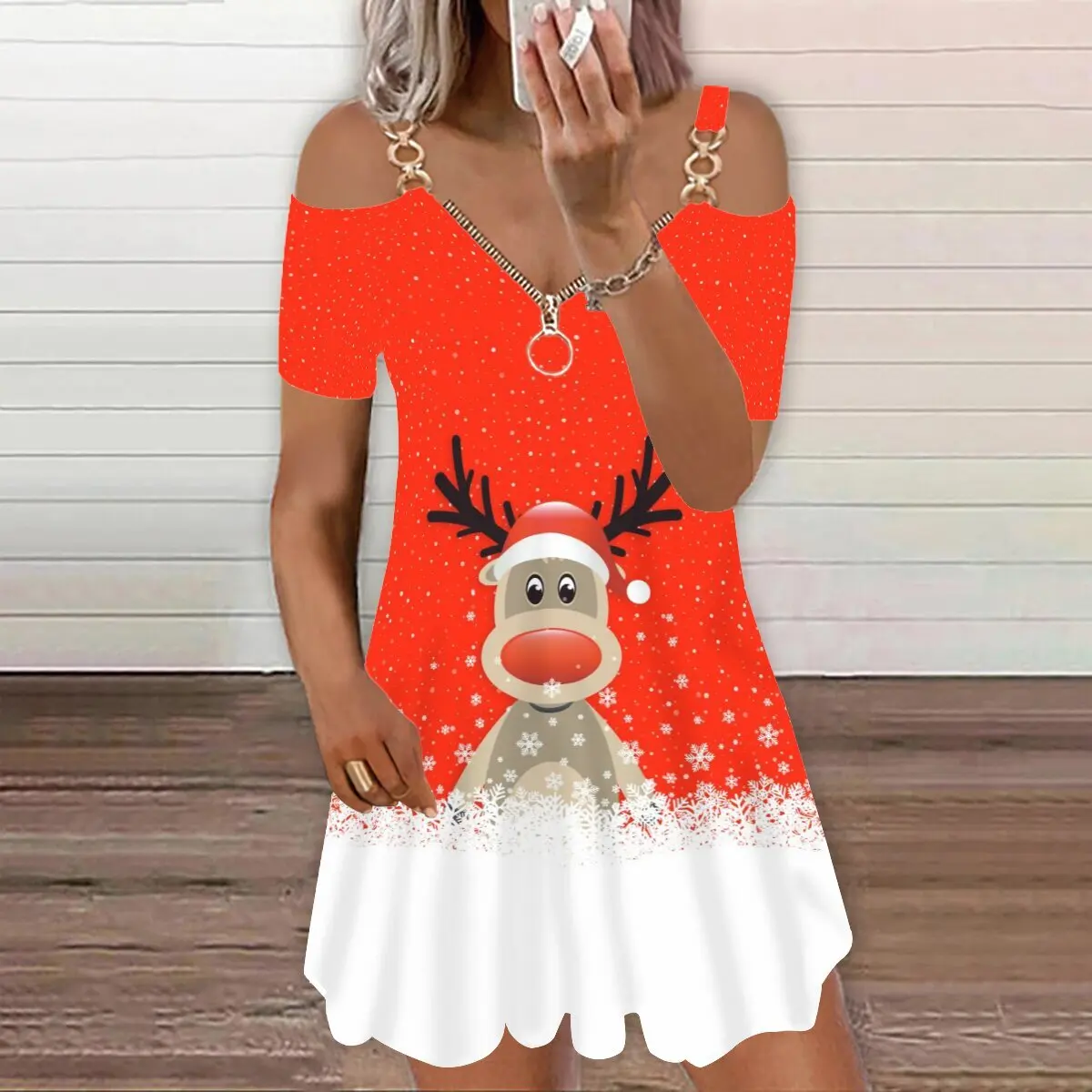 

XXS-10XL Oversize Women's Summer New Christmas Print V-neck Sling Casual Loose Short Sleeve Dress