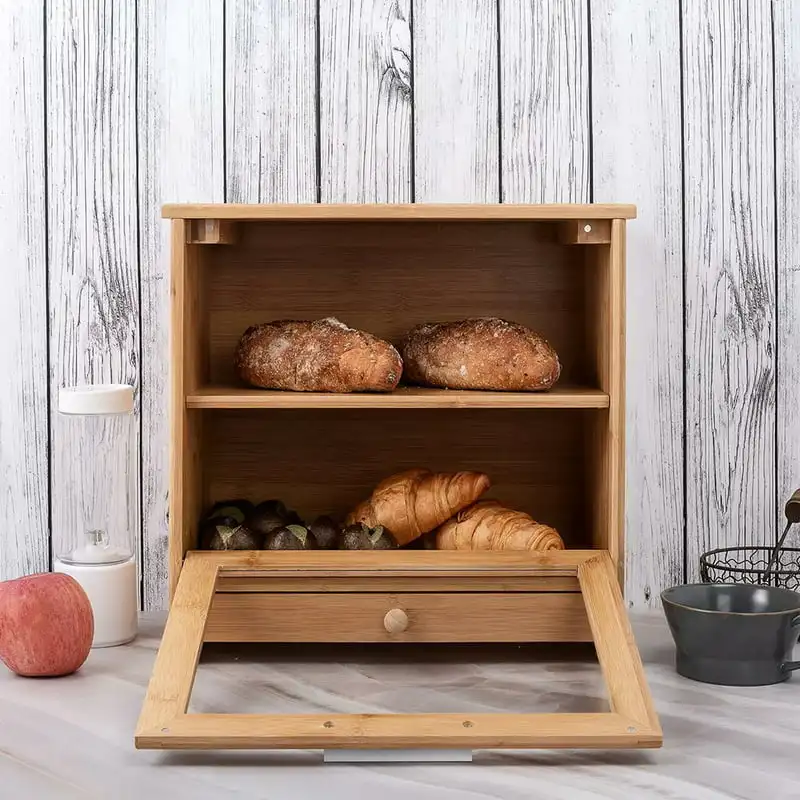 

Съемный 2-х слойный большой бамбуковый ящик для хлеба для кухонной стойки, хранитель для хлеба большой емкости с прозрачным передним окном и инструментами