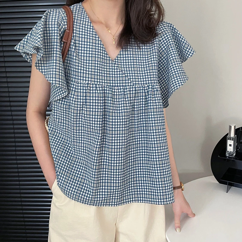 

Summer Pullover Shirt Loose Cute Elegant Sweet Plaid Ruffles V-neck Casual Shirts Women Short Flying Sleeve Ladies Blouses Tops