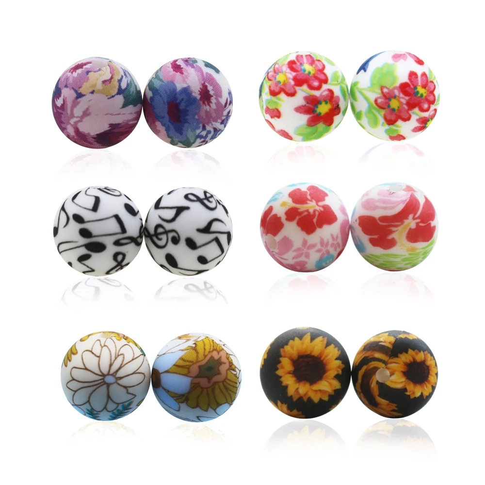 

100pcs 15mm New Print Silicone Beads Baby Teething Round Shaped Silicone Beads Food Grade Nursing Chewing Toy Accessories