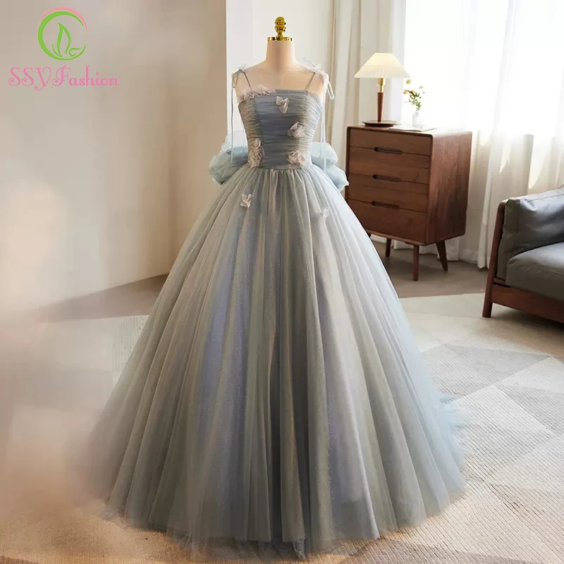 

SSYFashion New Luxury Grey Party Evening Dress Strapless A-line Floor-length Romantic Flower Prom Formal Gowns for Women Vestido