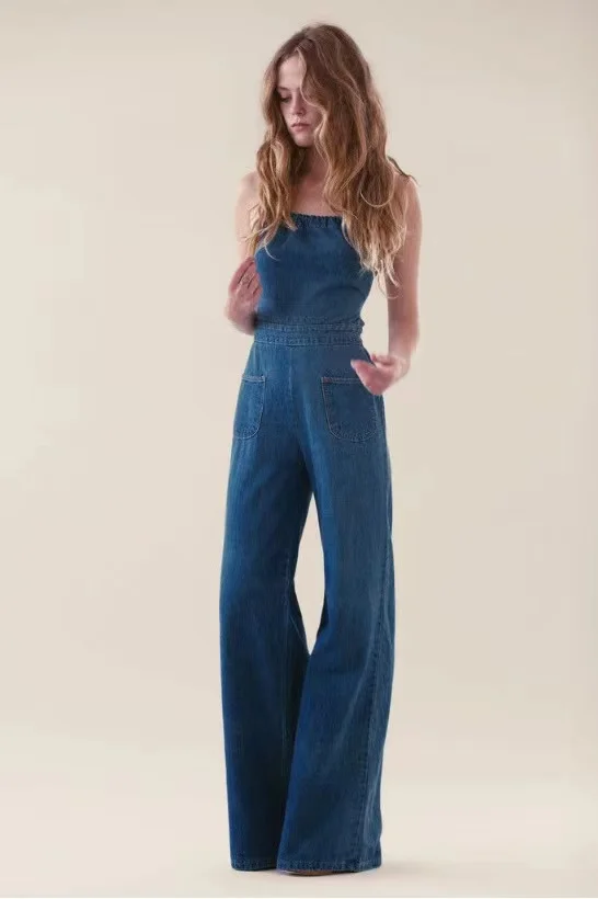 

Ladies Popular Fashion Wrap Breast Denim Jumpsuit Wide Leg Pants-A1250