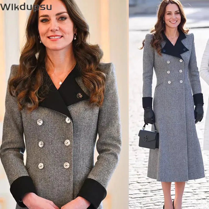 

Luxury Vintage Kate Middleton Princess Winter Wool Long Sleeve Coat Fashion Overcoat Office Lady Outwear Clothes Female Big Size