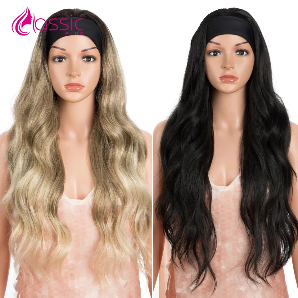 Headband Wig 29” Long Wavy Blone Wig Machine Made Glueless Headband Wig for Women Natural Black Synthetic Hair Cosplay Wigs