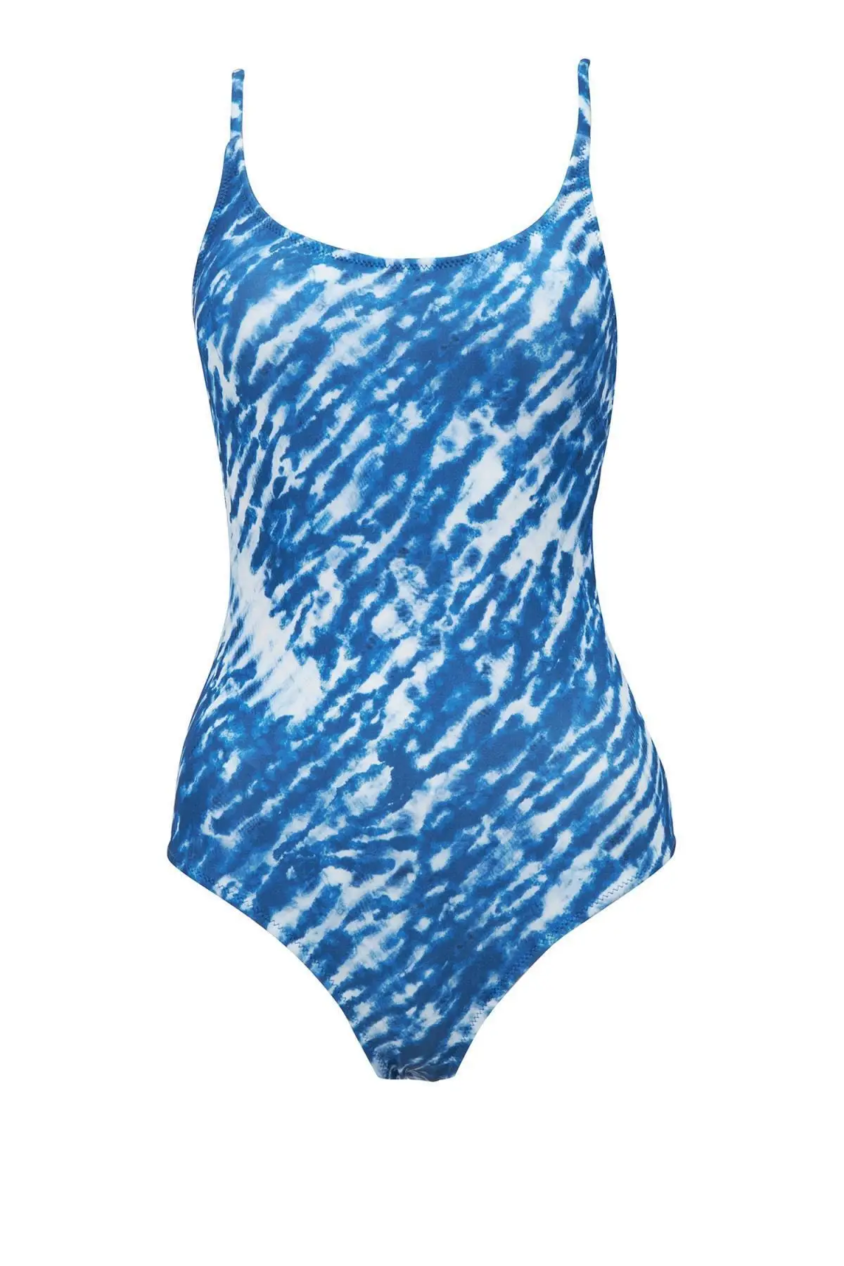 

Women's Swimsuit Blue Tie Dye Printed Cross Back Detailed One Piece Swimwear Female Brazilian Swimming Suits