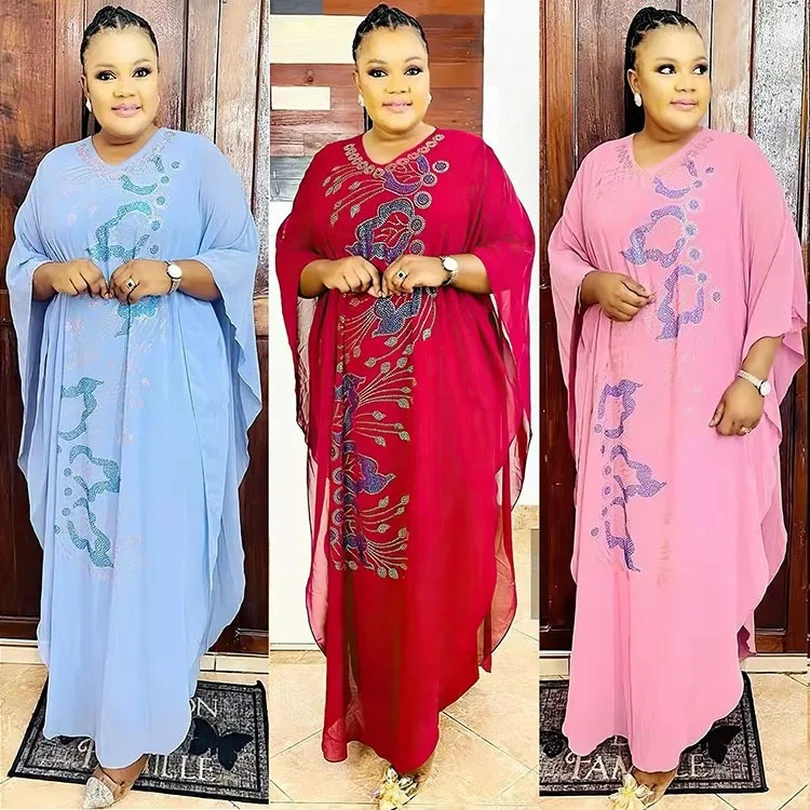 

African Clothes Women Plus Size 2 Piece Set 2022 Traditional Dashiki Beading Robe Chiffon Tops Dress Suit Ladies Clothing