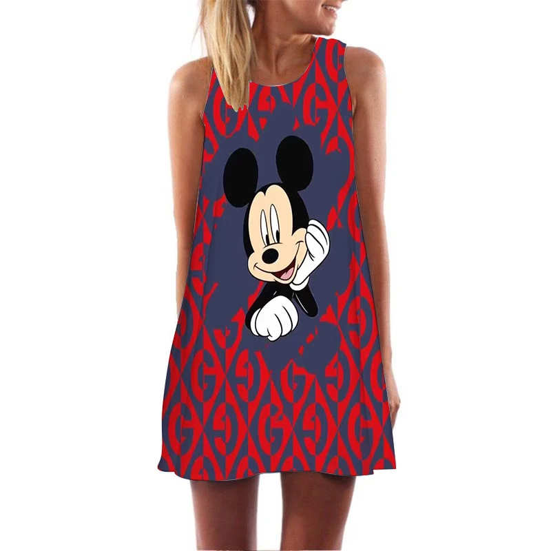 

Ladies Cartoon Print Summer Dress 2022 Polyester Sleeveless O Neck Top Casual Loose Dress Women Street Mickey Dress Vestidos