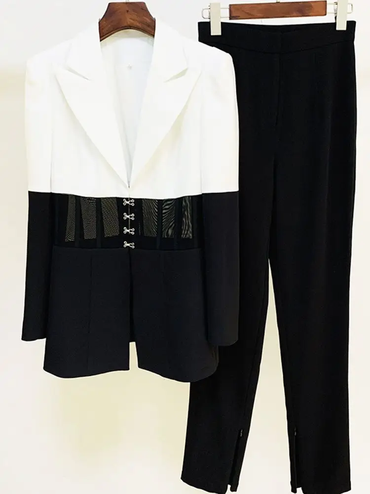 

Ailigou 2022 Autumn Two-Piece Ladies Blazer And Pants Club Two-Piece Suit Runway Clothing Sexy Black And White Two-Piece Suit