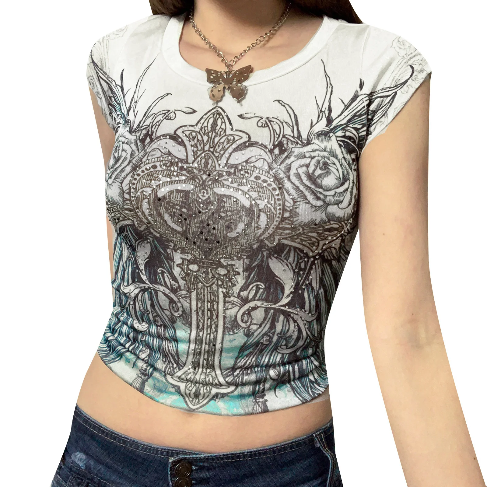 

Women Clothing Polyester T-shirts Crew Neck Short Sleeve Printed Slim Fit Summer Tops for Casual Daily