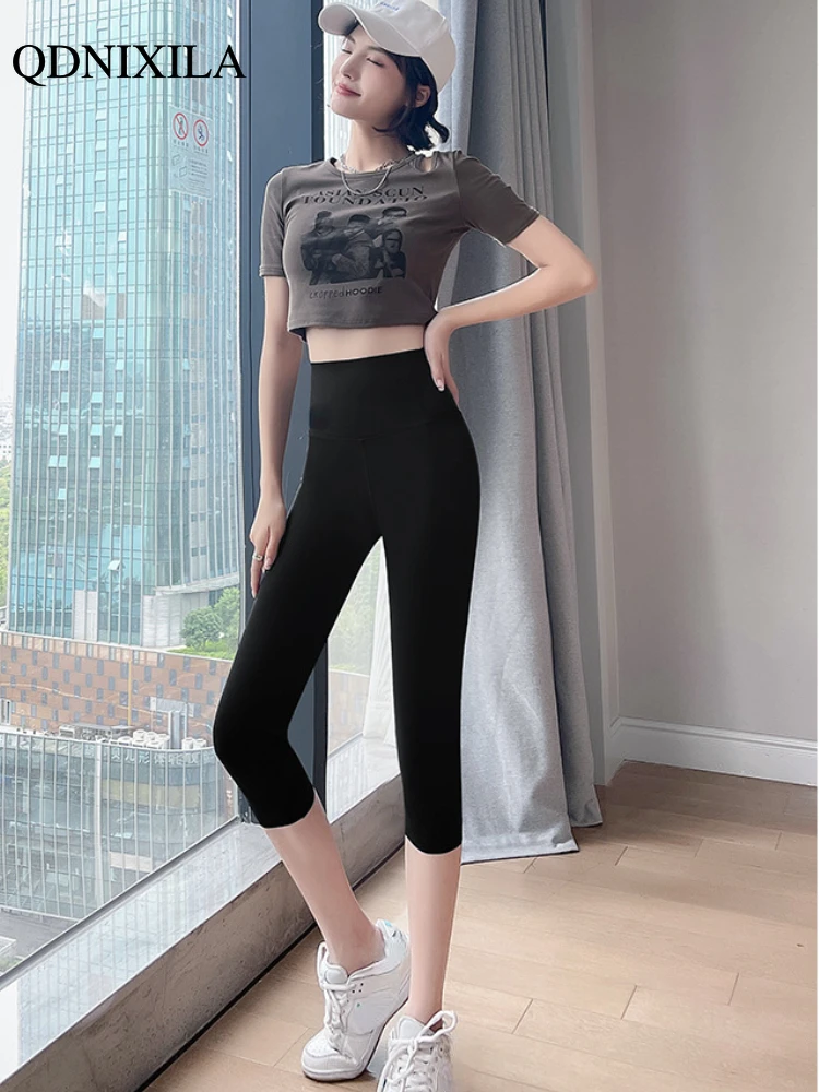 2023 Spring Summer New Thin Micro-bomb High Waist Cropped Solid Color Black Pants Slim Yoga Korean Fashion Casual Women Leggings