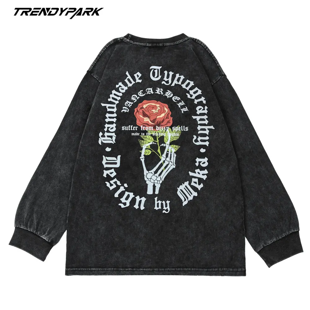 

T-shirt for Men Full Sleeve Oversized Hip Hop Streetwear Goth Flowers Print Washed Harajuku Tshirt Autumn Cotton Casual T Shirt
