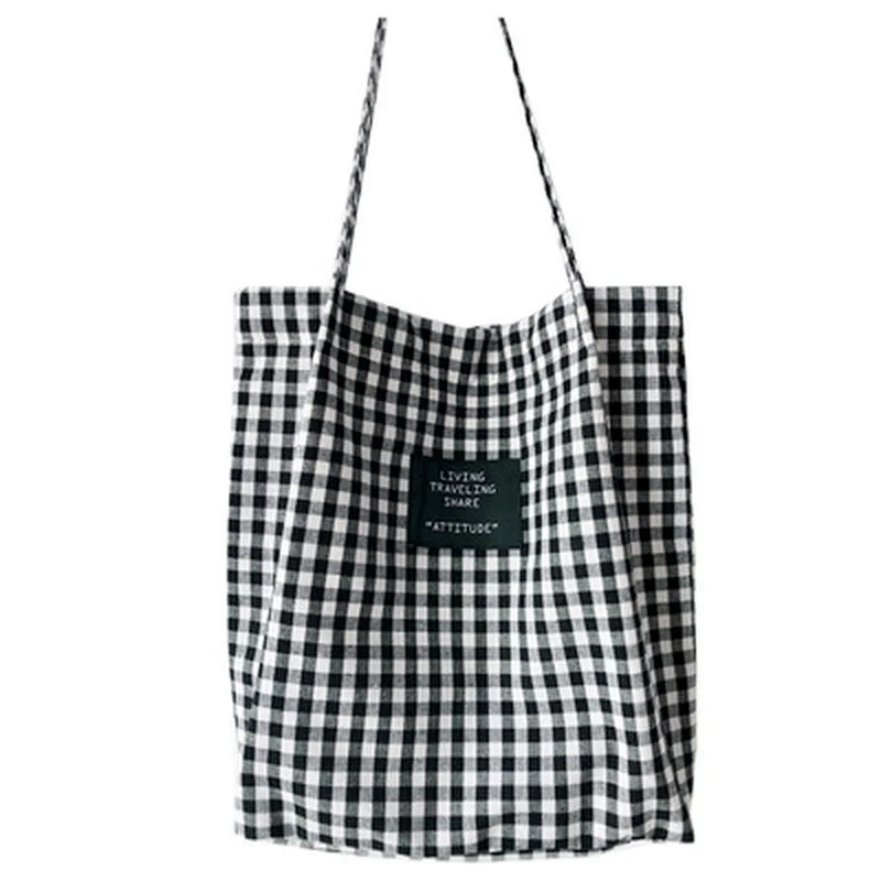 

Fashion Durable Women Student Cotton Linen Single Shoulder Bag Shopping Tote Check Plaid Female Flax Canvas Bags
