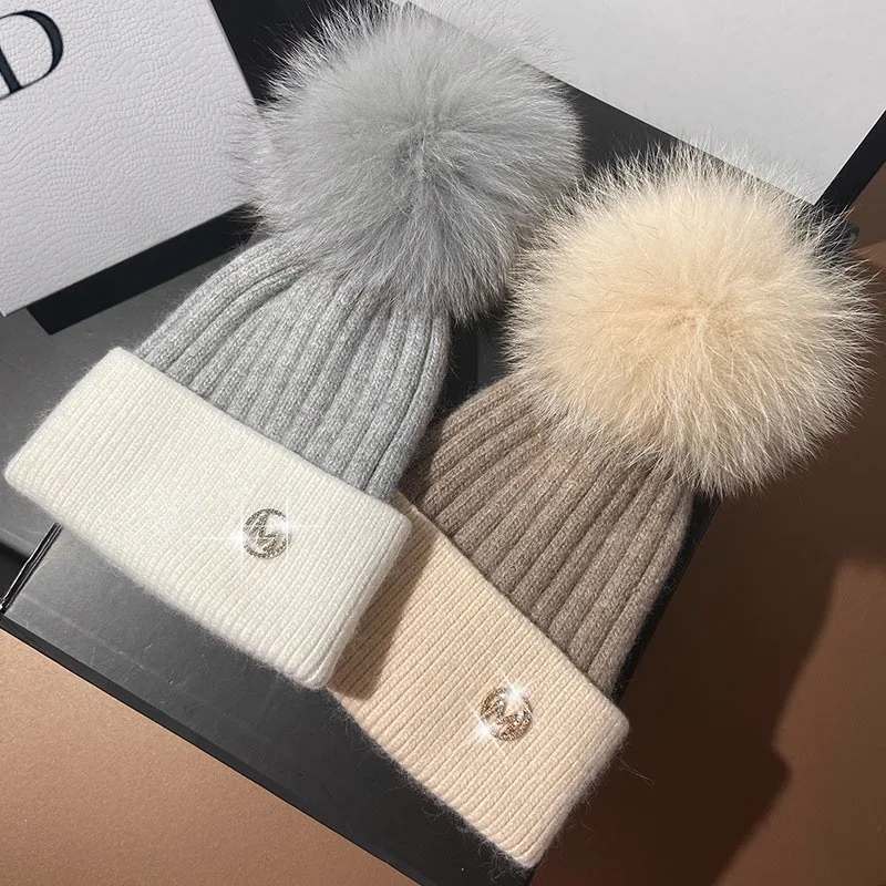 

Parent-child Cap Winter Fur Pompom Hat for Women Knit Beanie Winter High Quality Real Raccoon Fur Pom Pom Wool Hats 2023 New