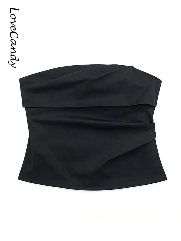 

Sexy Women Pleated Bra Solid Color Zipper Tops Fashion Off Shoulder Sleeveless Backless Tanks Elegant Commuter Office Lady Tops