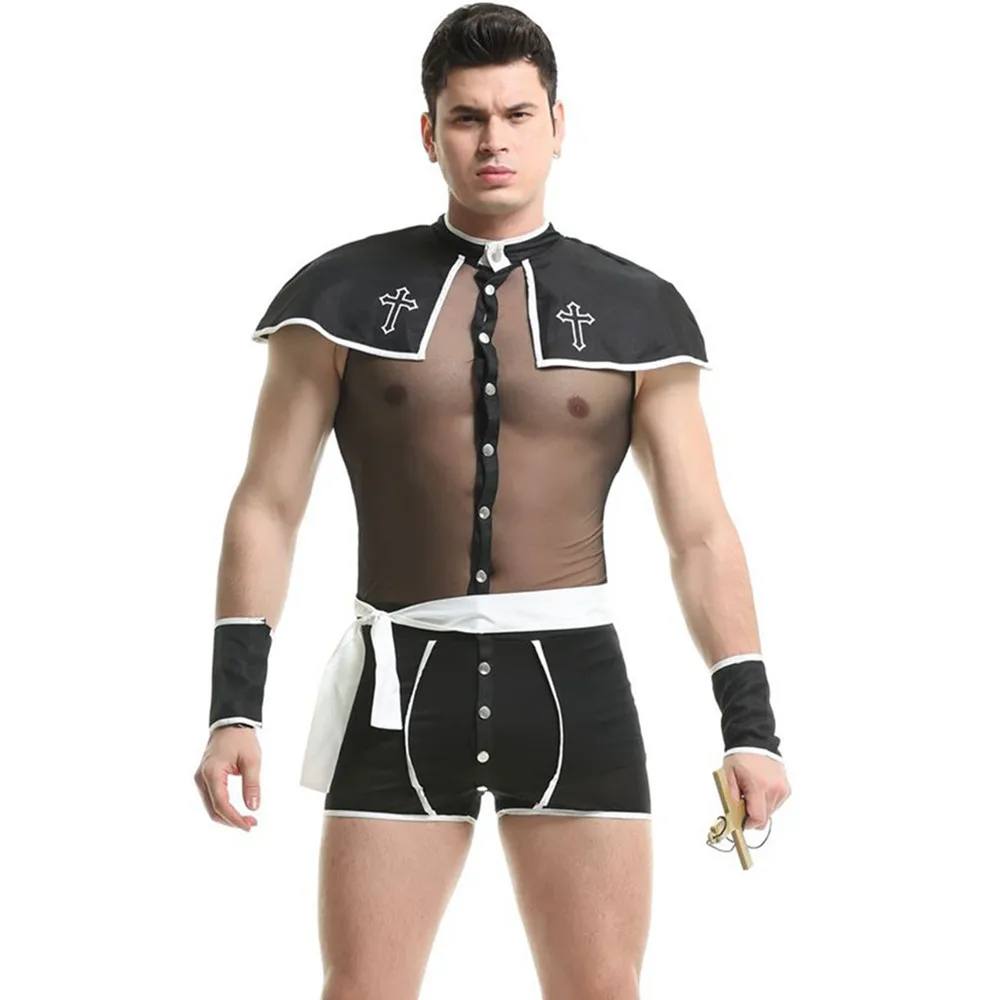 

Role Play Mens Sexy Mesh Priest Cosplay Uniform Set Gay Bar Dance Perform Costume Outfit