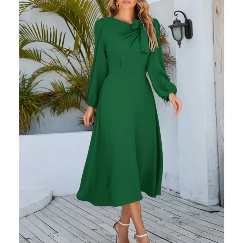 Женское платье-миди с бантом однотонное длинное ТРАПЕЦИЕВИДНОЕ ПЛАТЬЕ длинным