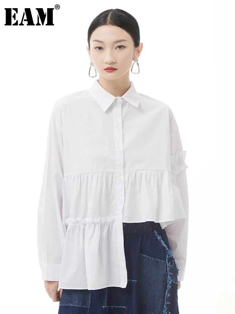 

[EAM] Women Black Irregular Ruffles Big Size Blouse New Lapel Long Sleeve Loose Fit Shirt Fashion Spring Autumn 2022 1DE7106