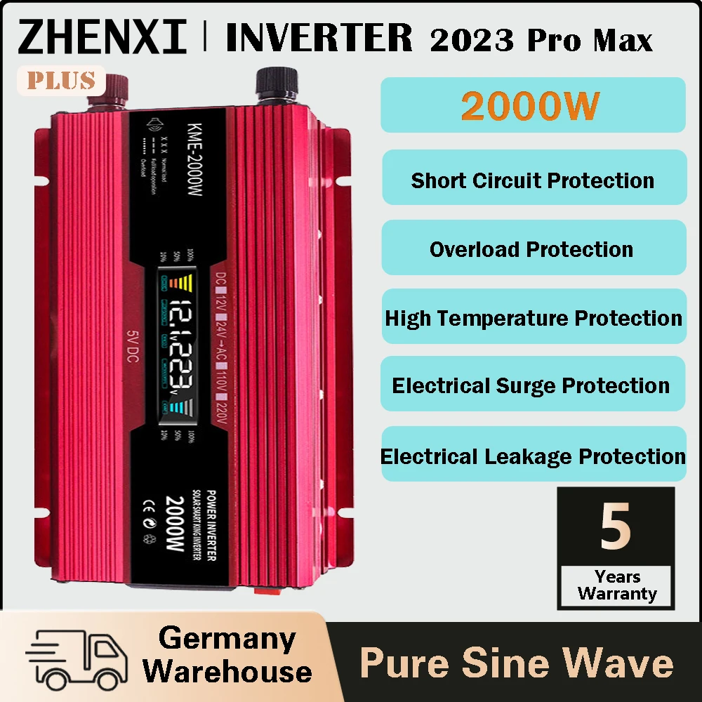 

2000W 1600W Pure Sine Wave Inverter DC 12/24/48V To AC 220V Transformer Convert Converter Adapter Car Charge LED Display