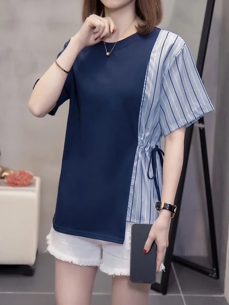 

Oversize XL-4XL Striped Patchwork T-shirt Female Summer Fashion Irregular Short Sleeve Large Tshirt Draw String Loose Chic Tops