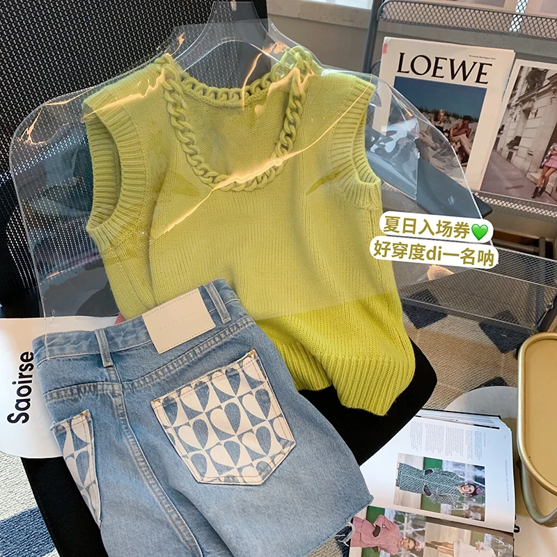 

Denim Shorts Suit Women Ensemble Femme 2 PièCes éTé 2022 Summer Chain Stitching Sleeveless Knitted Jumper+Jeans Two-Piece Set