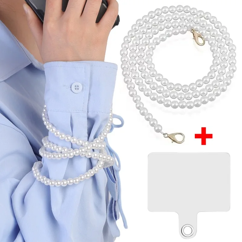 Uniwersalny naszyjnik na telefon komórkowy z łańcuszkiem i perłowym paskiem zapobiegającym zgubieniu paska nadgarstek do iPhoneɺ 15 14 13