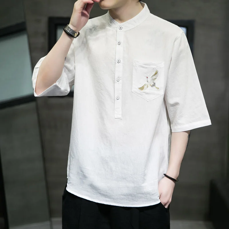 

Китайская Летняя мужская футболка MrGB с вышивкой Журавля, льняные мужские топы с коротким рукавом, Свободные повседневные винтажные футболк...