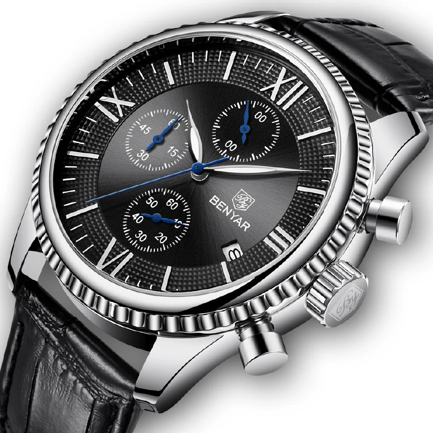 

Мужские наручные часы BENYAR, кварцевые часы с кожаным ремешком, 2023