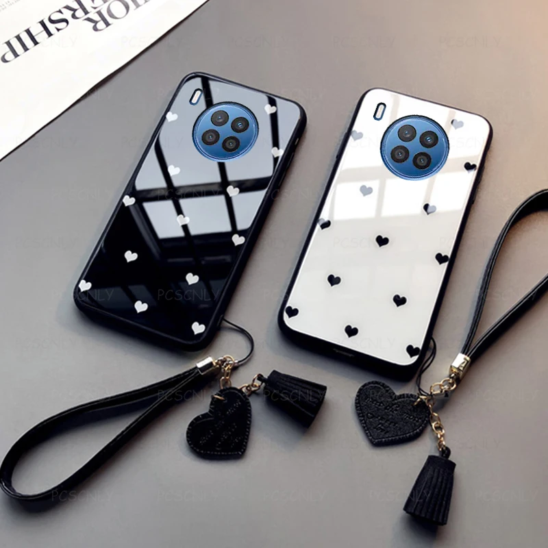 

Glass Case For Huawei Nova 6 7 8 9 Pro SE Fashion Love Heart Phone For Huawei 8i 7i Hard Cover with Lanyard