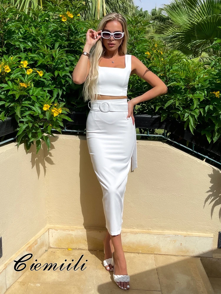 

CIEMIILI New Summer Women Solid Bandage Two Pieces Sets Sexy Sleeveless Tops & Midi Skirts Celebrity Club Evening Party Suits