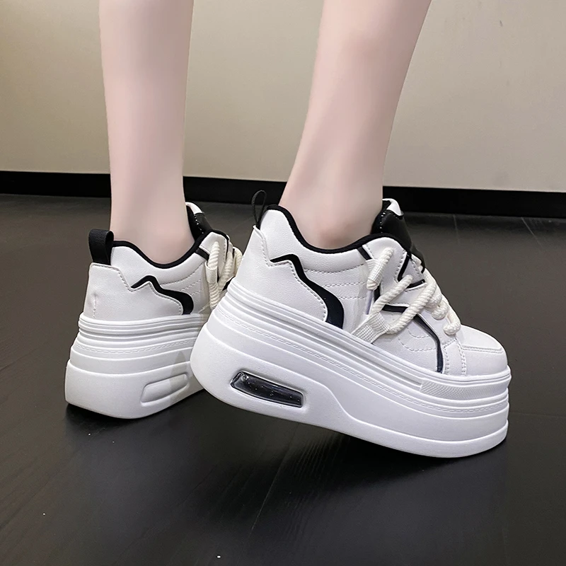 

Women Lace-up Chunky Sneakers Platform Wedge Comfort Sports Shoes Fashion 8CM Leather Breathable New Autumn White Leisure Shoes