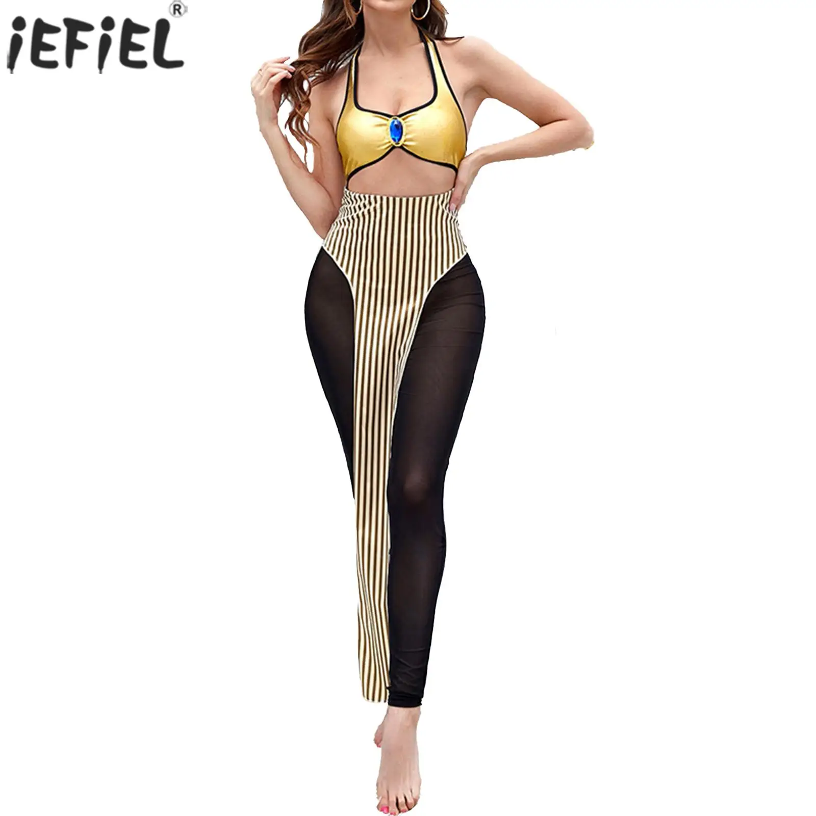 

Женские комбинезоны в стиле древнего Египта, костюмы для косплея рома, сетчатые брюки с вырезами, Полосатая юбка, комбинезоны с повязкой на голову