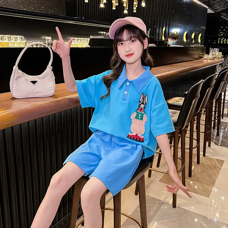 Girls' Summer Clothing Fashionable Suit Children's Western Style 2022 New Teenager Clothing Sports Summer Cartoon Two Piece Set