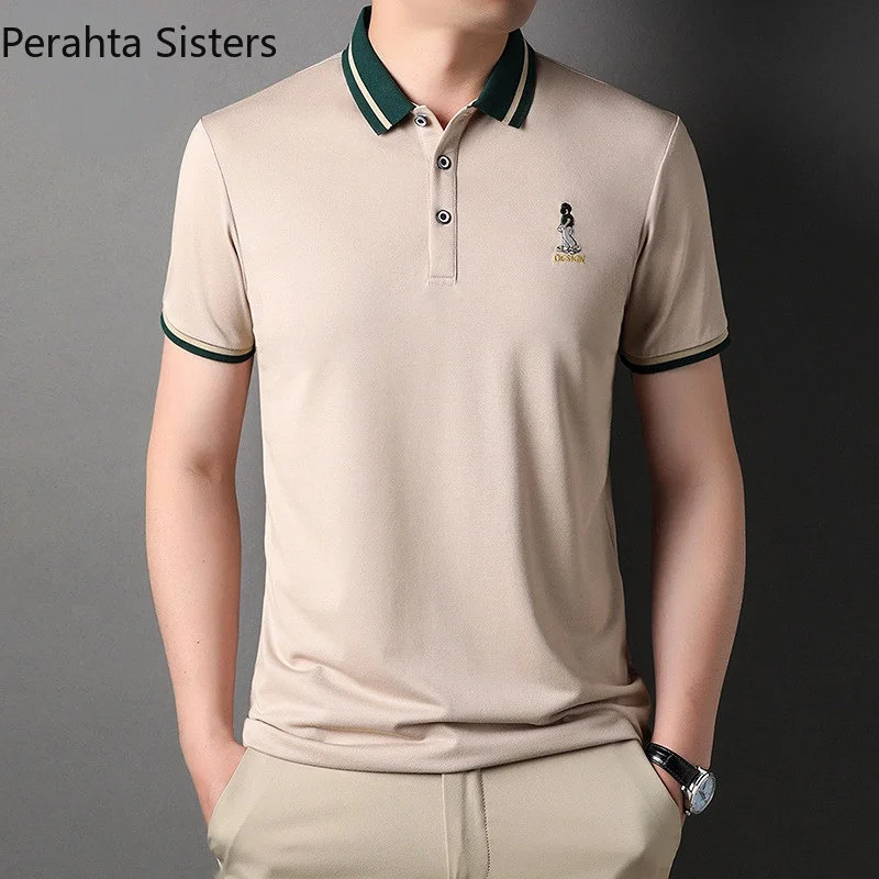 

Новинка 6.5%, рубашка-поло из шелка тутового шелкопряда для мужчин, летняя мужская футболка с короткими рукавами и отложным воротником с мультяшной вышивкой, Корейская Мужская Дизайнерская одежда