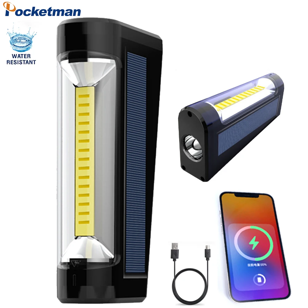 

Solar COB Work Light USB Rechargeable Charging LED Flashlight Waterproof Camping Lantern 3 Modes Torch With Power Display Lamp