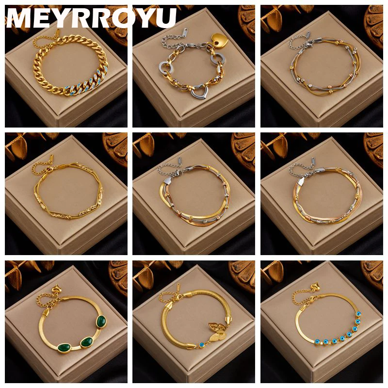 

MEYRROYU 316 Stainless Steel Green Stone Heart Multilayer Charm Beads Bracelet for Women Party Jewelry pulseras mujer Bijoux