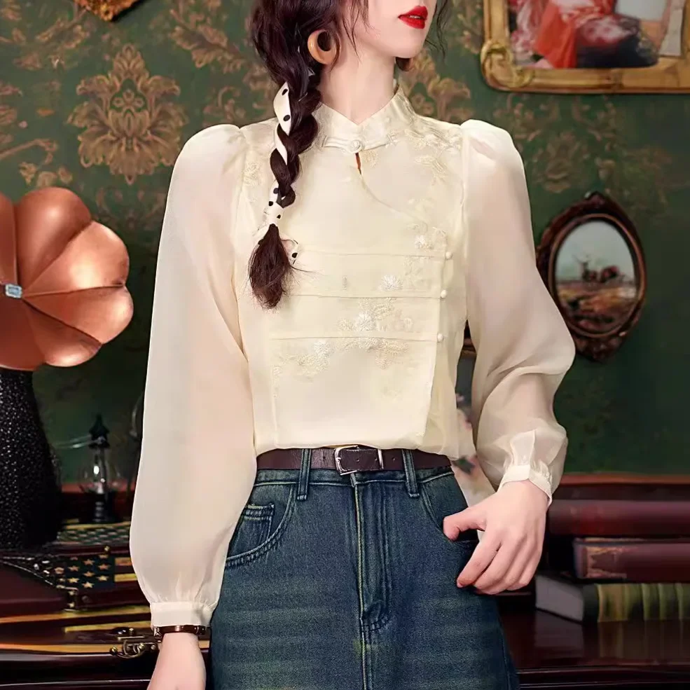 Новый женский ранний весенний дизайн в китайском стиле улучшенный топ с