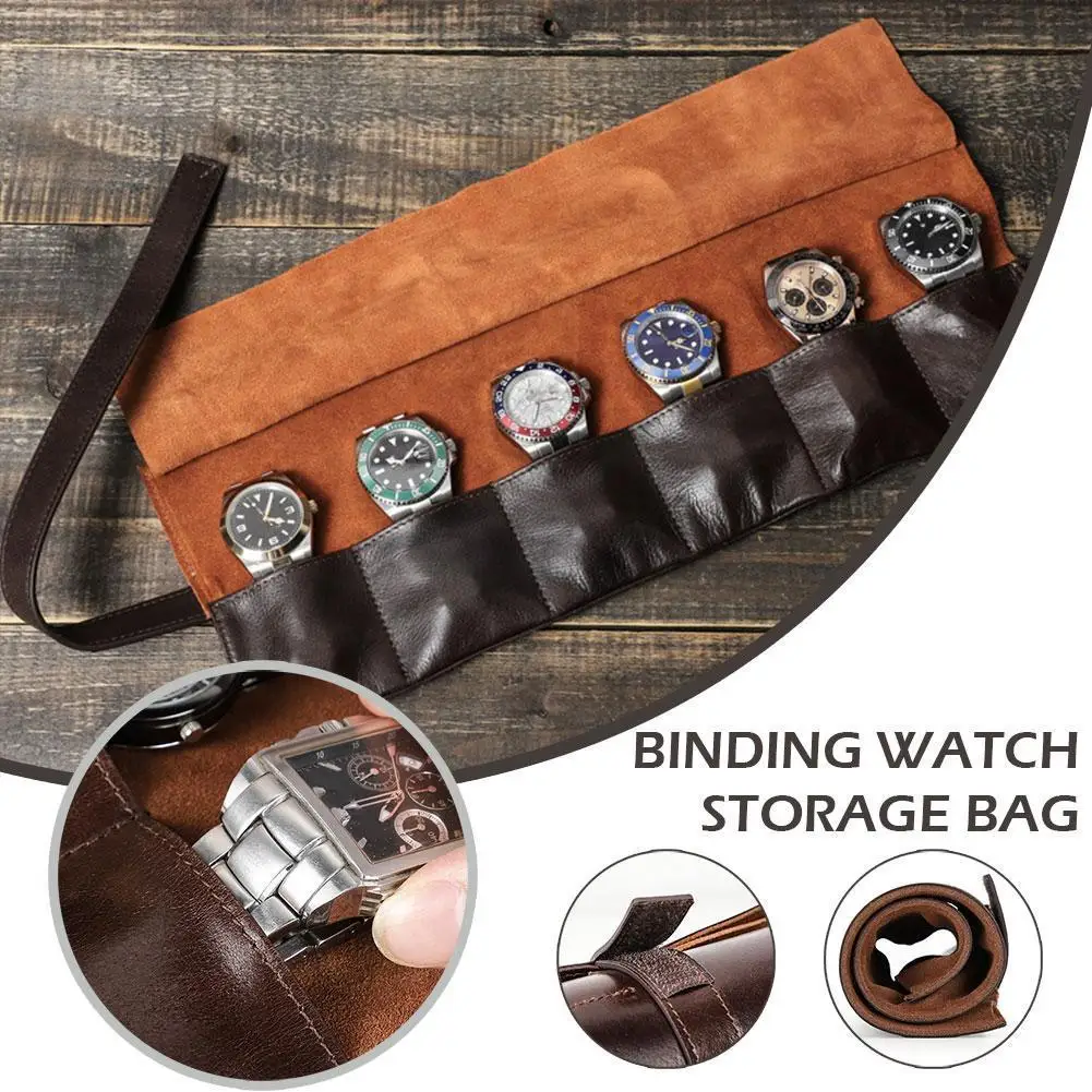 

Portable Mechanical Watch Storage Bag Leather 6 Slots Handmade Case Travel Watch Portable Roll Storage Holder Box Watches P3O0