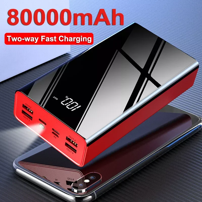 

NEW2023 Two-way Fast Charging Power Bank 80000mAh Mirror Digital Display Powerbank with Flashlight External Battery For iPhone 1