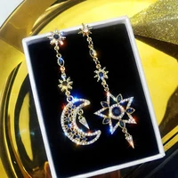 elegant silver plate post asymmetric star moon earrings long gold color chain inlaid zircon statement tassel sparkling earrings