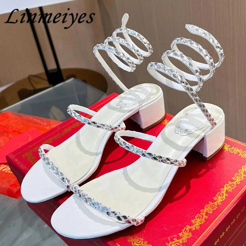 

Hot Sales Mid Heels Shoes Women Luxury Crystal Snake Ankle Strap Sandals For Women Sexy Bohemian Vacation Beach Sandals Woman