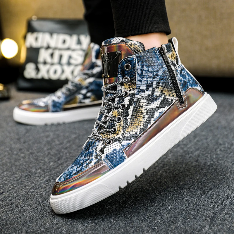 

New Fashion Gold Shoes Men Women Skate Shoes High-top Night Club Sneaker Male Lace-up Sequins Rock Shoes Zapatos Hombre 2022