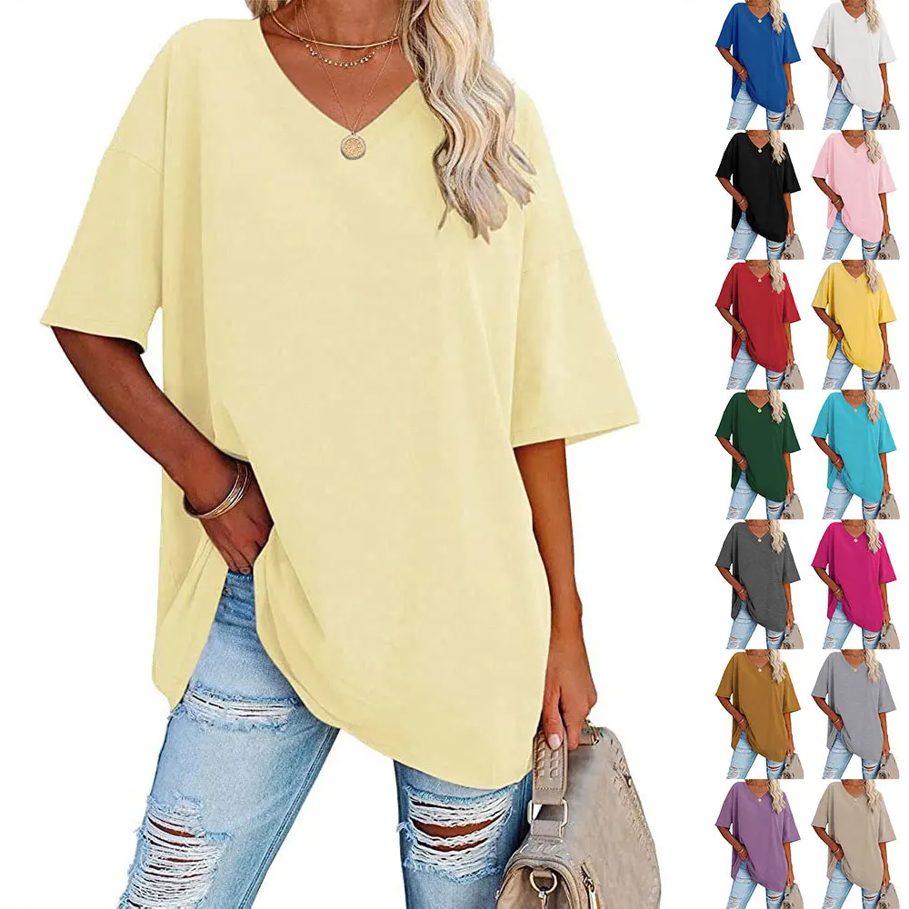 Ladies T-Shirt Loose Half Sleeve V-Neck Cotton Tunic Top Women Clothing White Shirts for Woman  woman tshirts