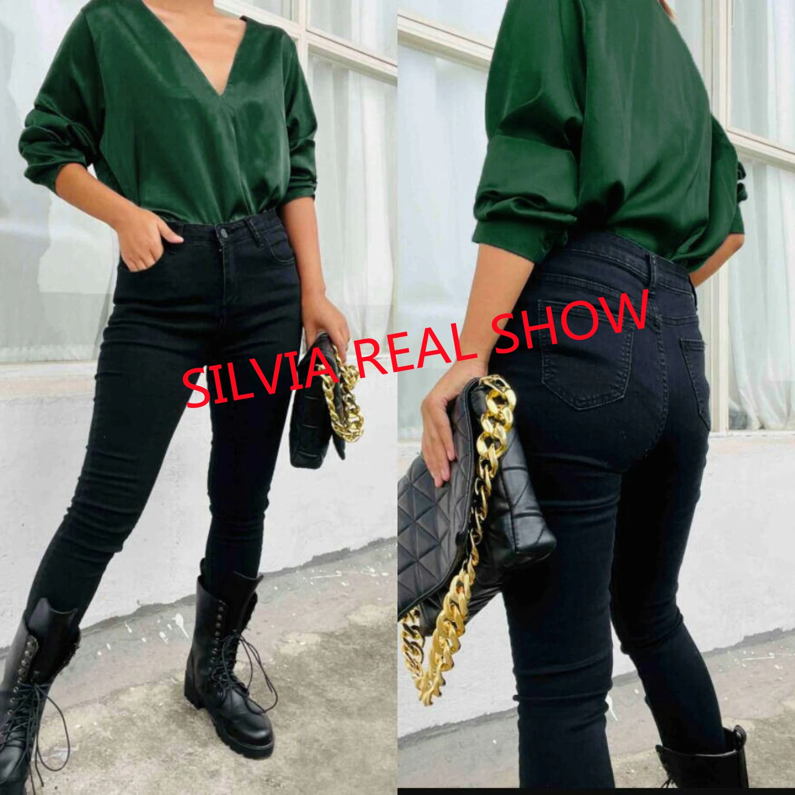 Женская атласная шелковая рубашка с V-образным вырезом зеленая облегающая блузка