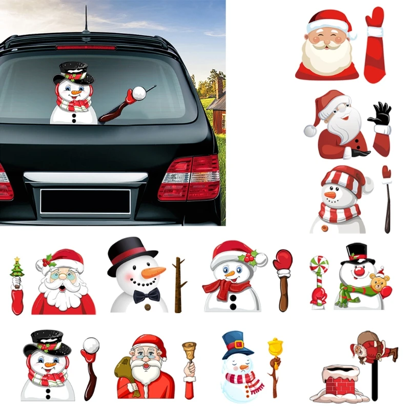 

Xmas Cartoon Decals Santa Chimney Snowman Waving Arm WiperTags Decal for Rear Vehicle Wipers Weather Resistant A5KD
