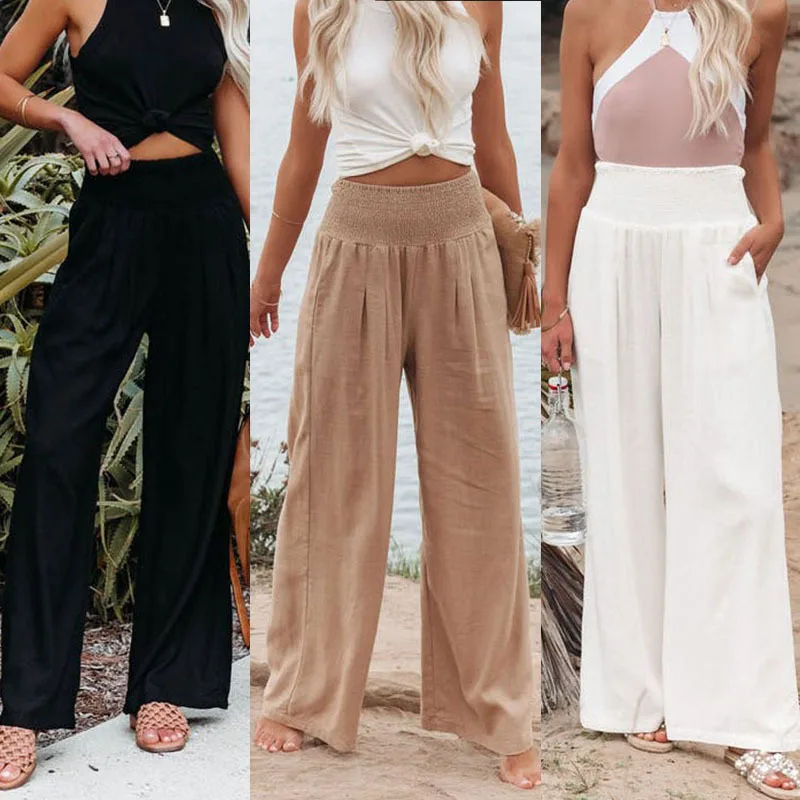 Women's High Waist Cotton Linen Pants Office Lady Elastic Waist Long Pants Streetwear Loose Wide Leg Beach Trousers for Summer