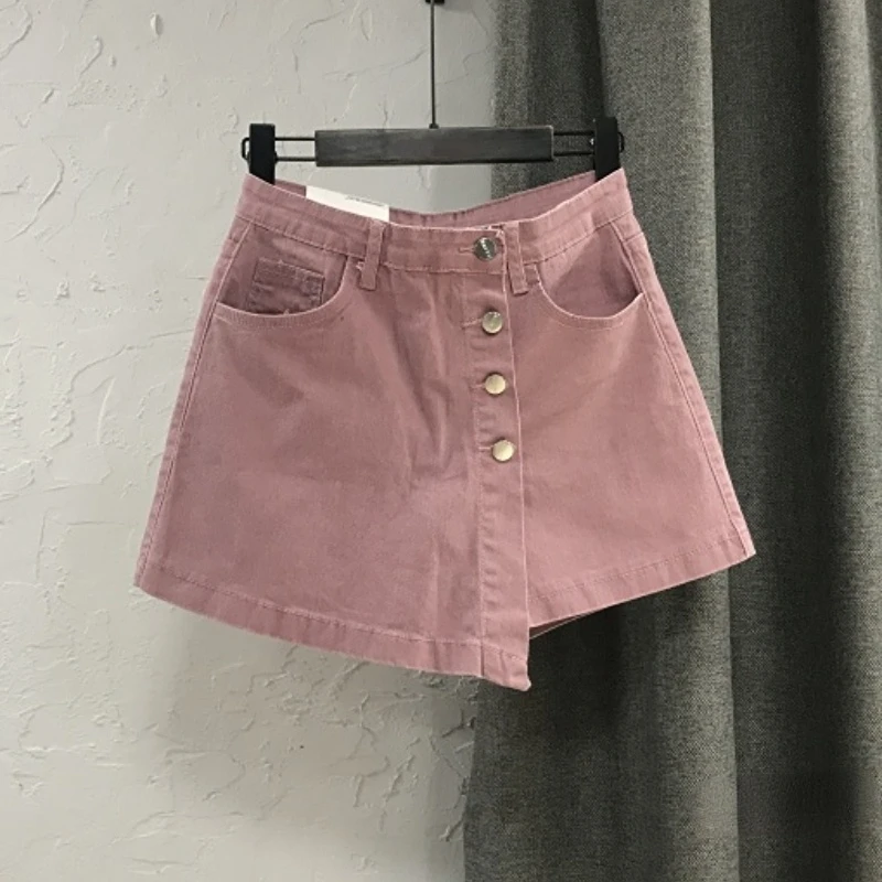 

Женские джинсовые шорты с завышенной талией, темно-розовые однобортные Асимметричные короткие джинсы в Корейском стиле, лето