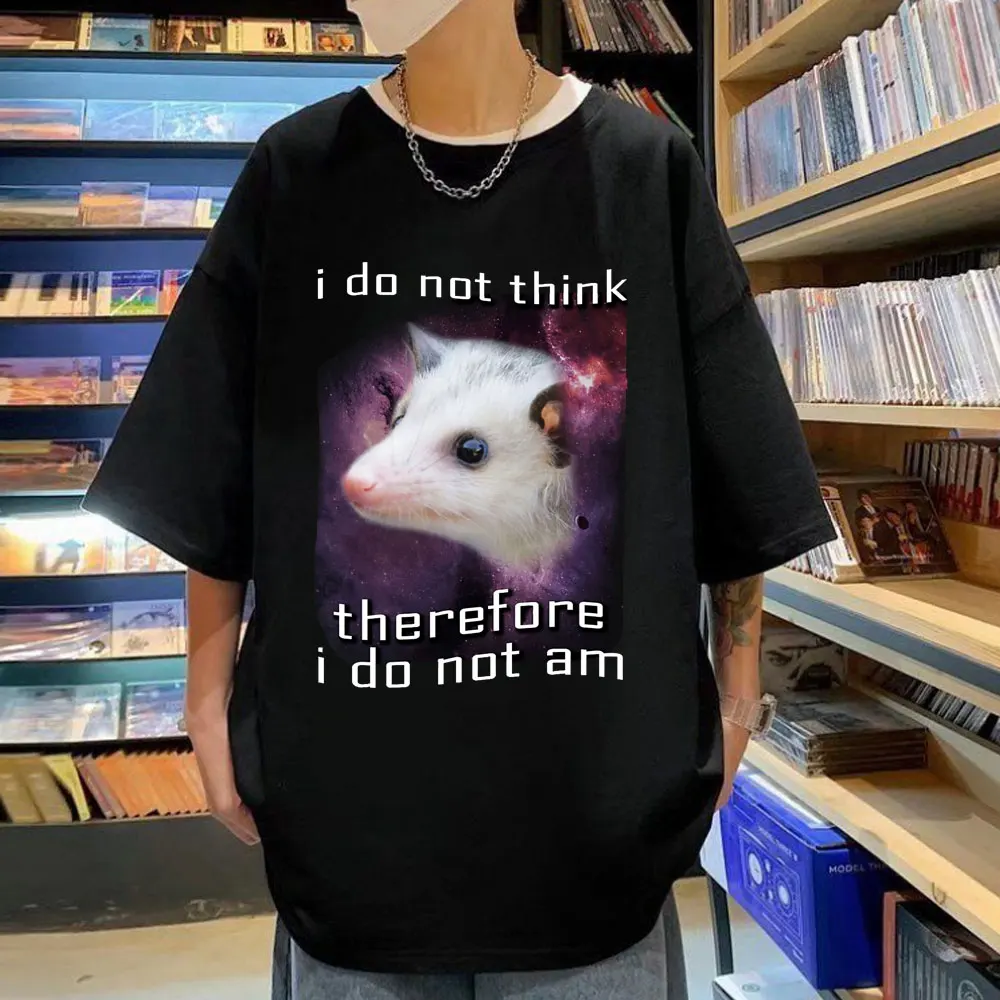 

Забавные футболки «Я не думаю, следовательно», Opossum, милая Футболка с принтом мыши, летняя модная футболка большого размера в стиле High Street, унисекс